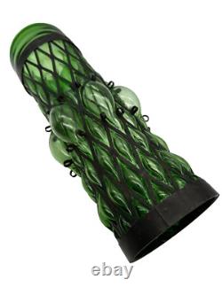 Vtg MCM Green Amber Diamond Bubble Glass Black Cage Iron Hurricane Candle Holder