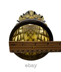Vtg MCM Green Amber Diamond Bubble Glass Black Cage Iron Hurricane Candle Holder