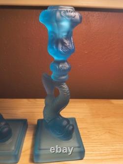 Vtg MMA Blue Frosted Dolphin Koi Candle Holders Pair Museum Of Metropolitan Art