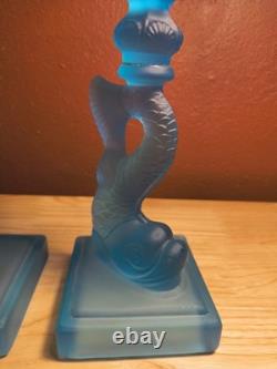 Vtg MMA Blue Frosted Dolphin Koi Candle Holders Pair Museum Of Metropolitan Art