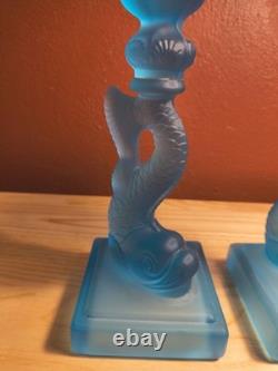 Vtg MMA Blue Frosted Dolphin Koi Candle Holders Pair Museum Of Metropolitan Art