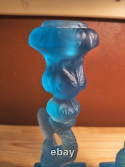 Vtg MMA Blue Frosted Dolphin Koi Candle Holders Pair Museum Of Metropolitan Art