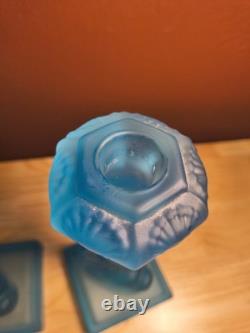 Vtg MMA Blue Frosted Dolphin Koi Candle Holders Pair Museum Of Metropolitan Art