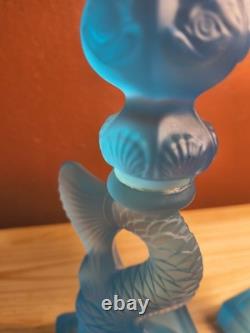 Vtg MMA Blue Frosted Dolphin Koi Candle Holders Pair Museum Of Metropolitan Art