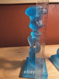 Vtg MMA Blue Frosted Dolphin Koi Candle Holders Pair Museum Of Metropolitan Art