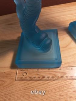 Vtg MMA Blue Frosted Dolphin Koi Candle Holders Pair Museum Of Metropolitan Art