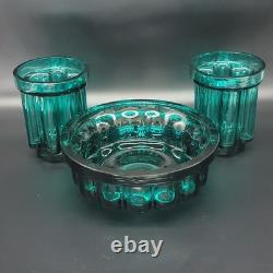 Vtg Målerås Sweden Teal Ribbed Glass Console Bowl & Matching Candle Holders Set