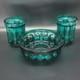 Vtg M&aring;ler&aring;s Sweden Teal Ribbed Glass Console Bowl & Matching Candle Holders Set