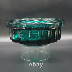 Vtg Målerås Sweden Teal Ribbed Glass Console Bowl & Matching Candle Holders Set
