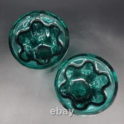 Vtg Målerås Sweden Teal Ribbed Glass Console Bowl & Matching Candle Holders Set