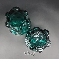 Vtg Målerås Sweden Teal Ribbed Glass Console Bowl & Matching Candle Holders Set