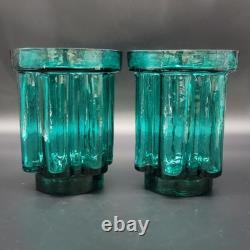 Vtg Målerås Sweden Teal Ribbed Glass Console Bowl & Matching Candle Holders Set
