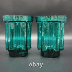 Vtg Målerås Sweden Teal Ribbed Glass Console Bowl & Matching Candle Holders Set