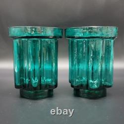 Vtg Målerås Sweden Teal Ribbed Glass Console Bowl & Matching Candle Holders Set