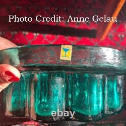 Vtg Målerås Sweden Teal Ribbed Glass Console Bowl & Matching Candle Holders Set