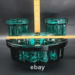 Vtg Målerås Sweden Teal Ribbed Glass Console Bowl & Matching Candle Holders Set
