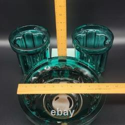 Vtg Målerås Sweden Teal Ribbed Glass Console Bowl & Matching Candle Holders Set