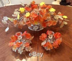 Vtg Murano Art Glass Centerpiece & Candleholders Floral Clear Leave Wrapped Wire