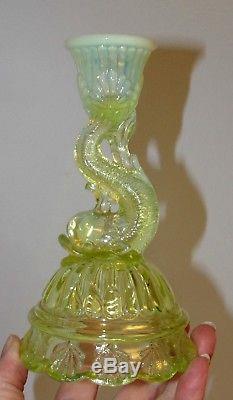 Vtg NORTHWOOD Opalescent Fish candle holder Vaseline Canary Petticoat Dolphin