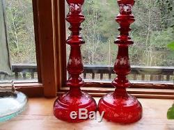Vtg. Pair Egermann Bohemian Czech Ruby Red Cut To Clear Glass 12 Candle Holder