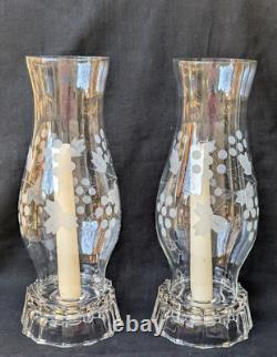 Vtg Pair Elegant Etched Glass Hurricane Candle Holder Grape Shade Globe 11.25