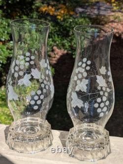 Vtg Pair Elegant Etched Glass Hurricane Candle Holder Grape Shade Globe 11.25