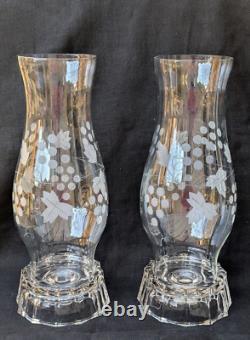 Vtg Pair Elegant Etched Glass Hurricane Candle Holder Grape Shade Globe 11.25