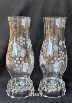 Vtg Pair Elegant Etched Glass Hurricane Candle Holder Grape Shade Globe 11.25