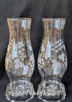 Vtg Pair Elegant Etched Glass Hurricane Candle Holder Grape Shade Globe 11.25