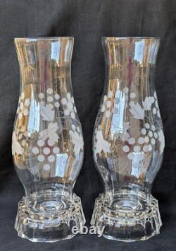 Vtg Pair Elegant Etched Glass Hurricane Candle Holder Grape Shade Globe 11.25