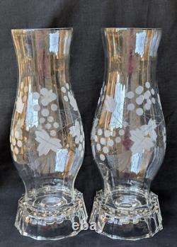 Vtg Pair Elegant Etched Glass Hurricane Candle Holder Grape Shade Globe 11.25