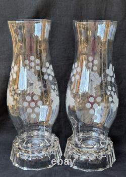 Vtg Pair Elegant Etched Glass Hurricane Candle Holder Grape Shade Globe 11.25