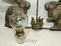Vtg Petites Choses 2 RABBITS Cast Iron Hanging OIL LAMP HOLDER Candle Sconce