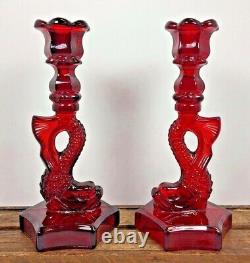 Vtg Ruby Red WESTMORELAND DOLPHIN Glass Pair Candle Holder Candlestick Koi fish