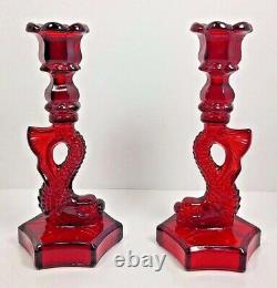 Vtg Ruby Red WESTMORELAND DOLPHIN Glass Pair Candle Holder Candlestick Koi fish