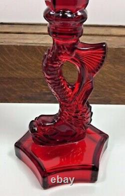 Vtg Ruby Red WESTMORELAND DOLPHIN Glass Pair Candle Holder Candlestick Koi fish