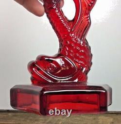 Vtg Ruby Red WESTMORELAND DOLPHIN Glass Pair Candle Holder Candlestick Koi fish