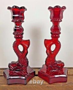 Vtg Ruby Red WESTMORELAND DOLPHIN Glass Pair Candle Holder Candlestick Koi fish