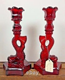 Vtg Ruby Red WESTMORELAND DOLPHIN Glass Pair Candle Holder Candlestick Koi fish