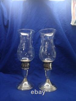 Vtg Towle Sterling Silver Hurricane Candle Holders Pair Etched Glass Sticker