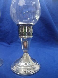 Vtg Towle Sterling Silver Hurricane Candle Holders Pair Etched Glass Sticker