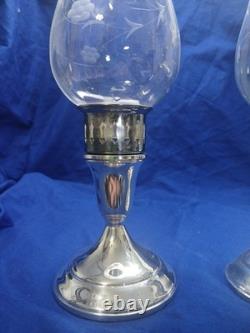 Vtg Towle Sterling Silver Hurricane Candle Holders Pair Etched Glass Sticker