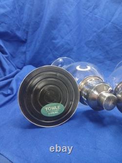 Vtg Towle Sterling Silver Hurricane Candle Holders Pair Etched Glass Sticker
