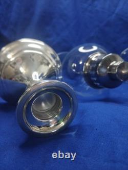 Vtg Towle Sterling Silver Hurricane Candle Holders Pair Etched Glass Sticker
