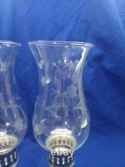Vtg Towle Sterling Silver Hurricane Candle Holders Pair Etched Glass Sticker