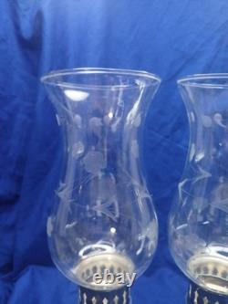 Vtg Towle Sterling Silver Hurricane Candle Holders Pair Etched Glass Sticker