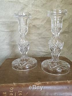 WATERFORD ALANA CUT Lead CRYSTAL Glass 2 CANDLESTICKS Candle Holder IRELAND