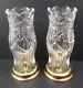 Waterford Crystal Hurricane Candle Holder Lamps With Brass Base Pair
