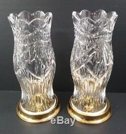 Waterford Crystal Hurricane Candle Holder Lamps with Brass Base Pair