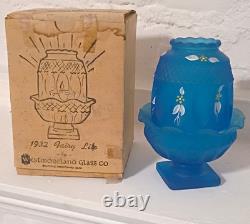 Westmoreland Glass Co 1932 Fairy Lite Blue Floral Glass Candle Holder with Box